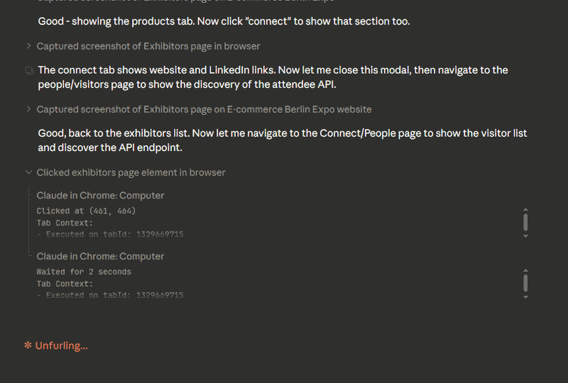 Claude Code discovering API endpoints and navigating the platform to extract data